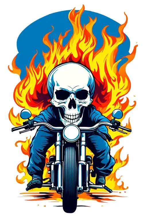 skull riding a bike and the bike is on fire in bluey theme tattoo design idea