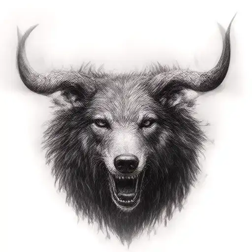 scary taurus with lone wolf looking forward tattoo design idea