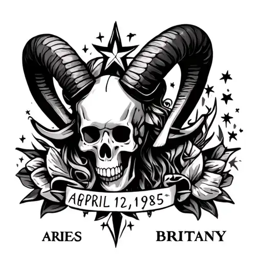 Aries zodiac sign incorporated with the date April 12, 1985 and my name Britany with skulls and stars tattoo design idea