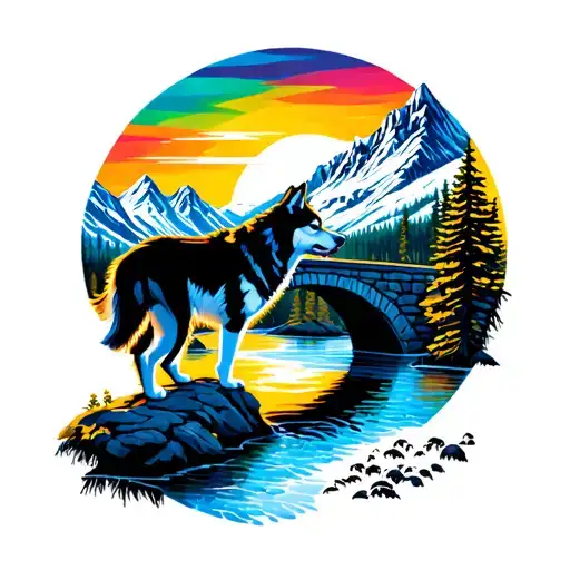 husky silhouette crossing the rainbow bridge over a mountain stream  tattoo design idea