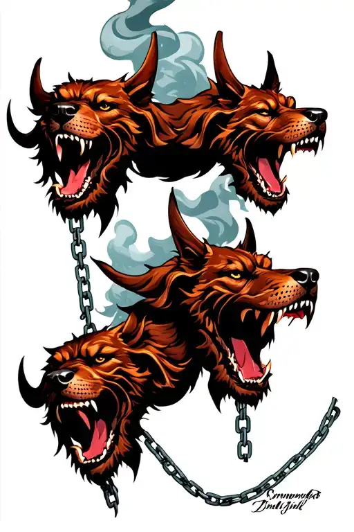 3 cerberus heads with chains and smoke tattoo design idea