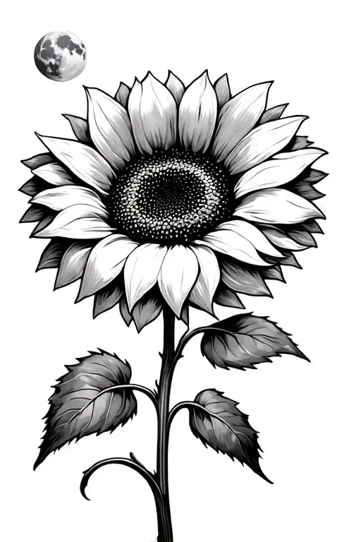 A single sunflower looking up at a full moon. The sunflower has an aesthetic, slightly curved stem to create a smooth an tattoo design idea