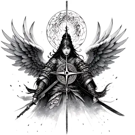 japanese warrior, angel with wings, compass, japanese quotes  tattoo design idea