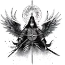 japanese warrior, angel with wings, compass, japanese quotes  tattoo design idea