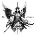 japanese warrior, angel with wings, compass, japanese quotes  tattoo design idea