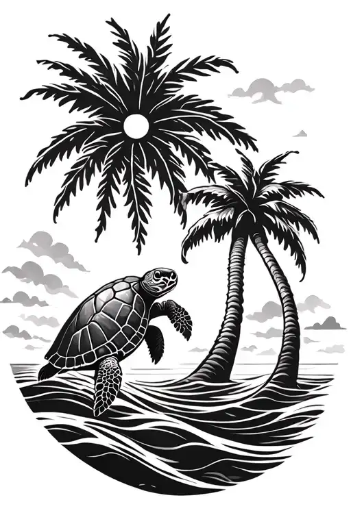 palm tree sun wave sea turtle tattoo design idea