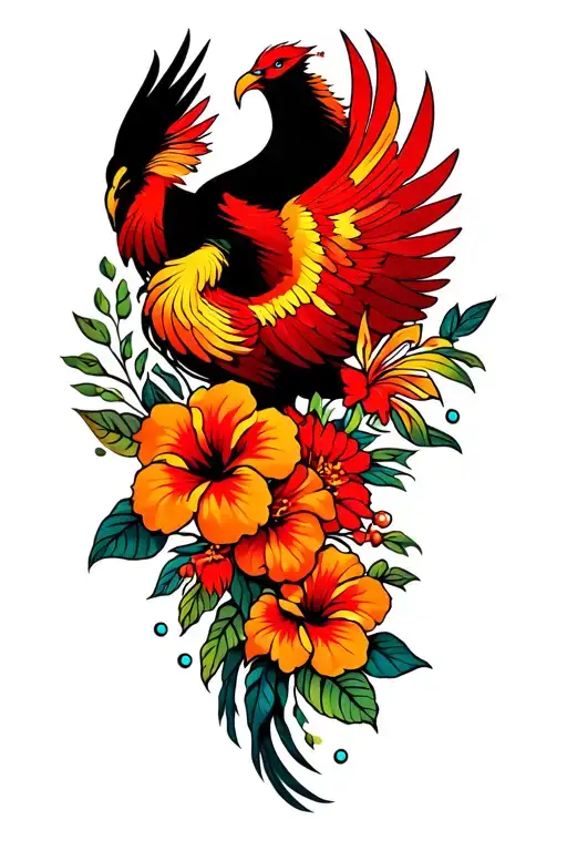 psychedelic hibiscus flowers and phoenix tattoo design idea