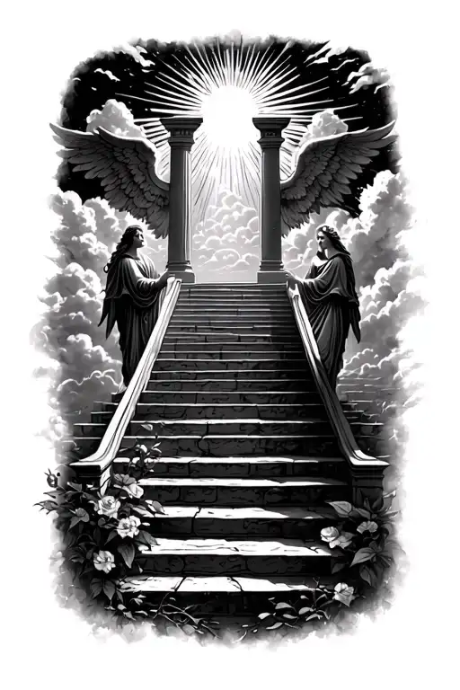 stairway to heaven walking up stairs angels sun rays clouds heaven gate at the top of the stairs  tattoo design idea