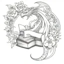 DRAGON WRAPPED AROUND BOOKS WITH FLOWERS IN THE BACKGROUND tattoo design idea