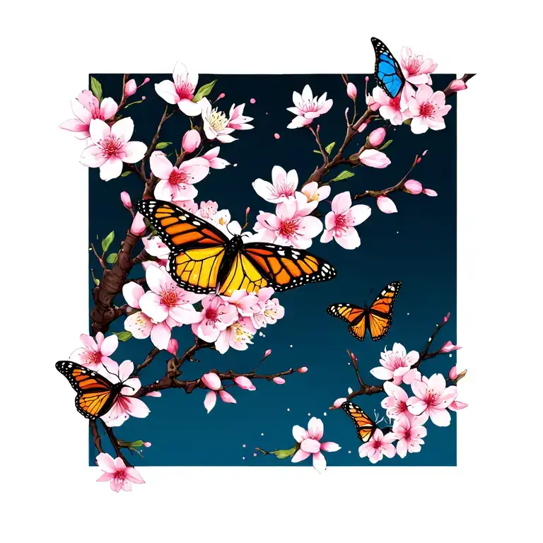 Japanese cherry blossoms with monarch butterflies tattoo design idea
