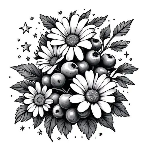 berries, daisies, stars, summer vibes dainty flower tattoo design idea