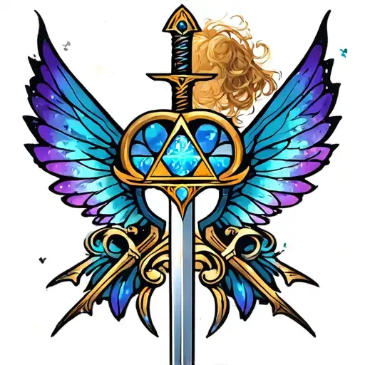 zelda triforce, sword and Navi fairy wings tattoo design idea