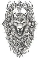 fenrir whit runes and snake, tree of life intertwined, viking axes tattoo design idea