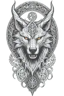 fenrir whit runes and snake, tree of life intertwined, viking axes tattoo design idea