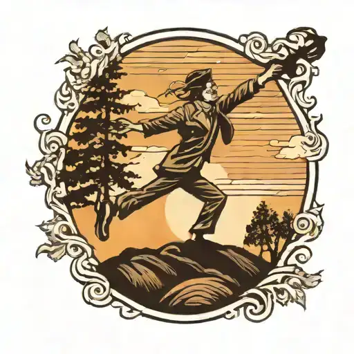 an alive figure dancing with a shadow on a hill during a sunset tattoo design idea