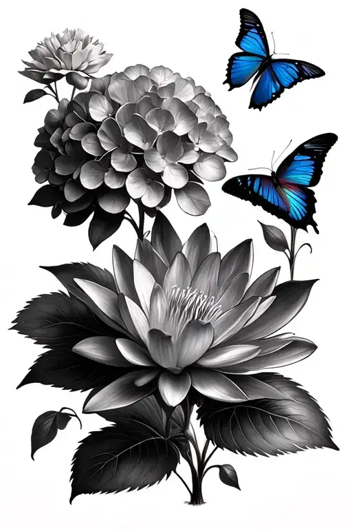 hydrangea, water lily, and godart morpho butterflys tattoo design idea