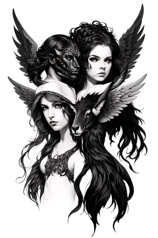 Gemini female twins good and evil. Good has angel wings and evil side leather-like wings. Add a taurus head between them tattoo design idea