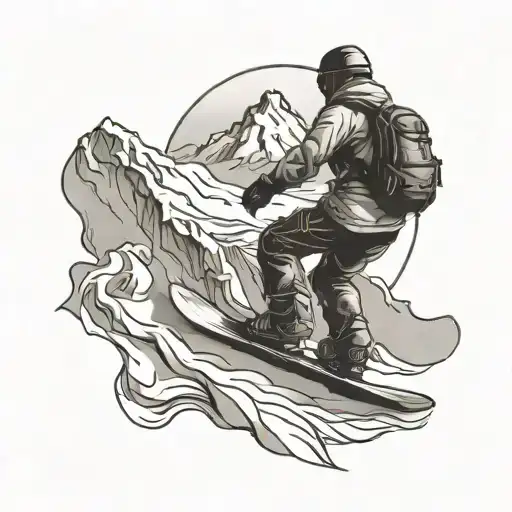 Mountain range with a snowboarder carving through the snow tattoo design idea