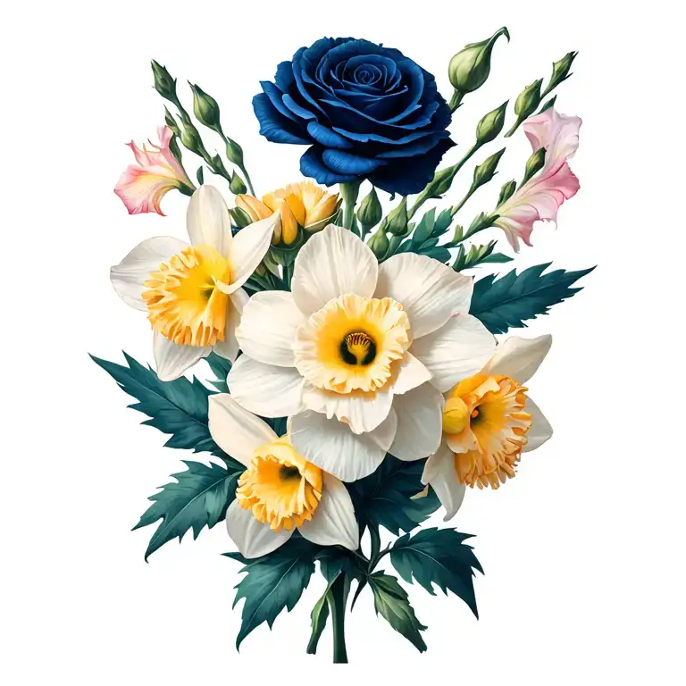 carnation, daffodil, rose and gladiolus flowers tattoo design idea