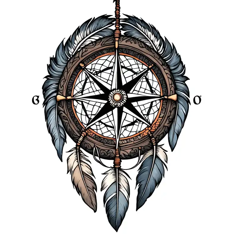 compass, dreamcatcher, 3 feathers tattoo design idea