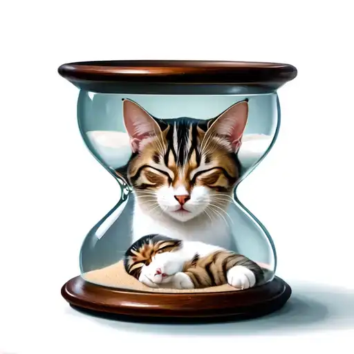 serene scene featuring manx cat sleeping inside the bottom section of a big hourglass with all sand at bottom,rip tattoo design idea