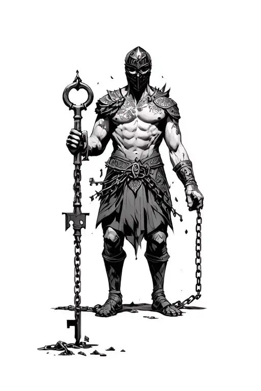 A warrior standing upright, holding a large key in one hand and broken chains in the other, wearing a mask on his face. tattoo design idea