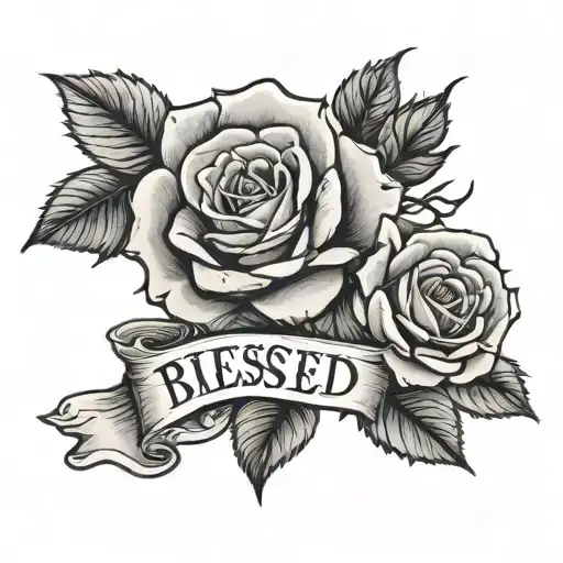 roses around the word "blessed" tattoo design idea