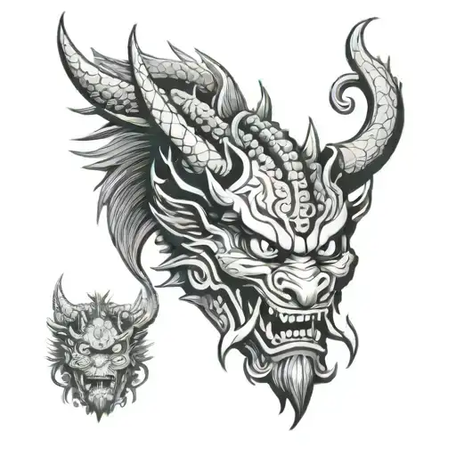 japanese dragon and oni mask split in half tattoo design idea