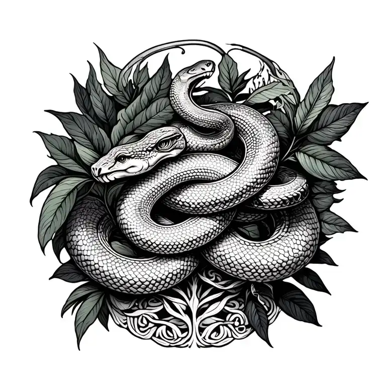 pharmacy with plants and snakes intertwined symbolizing tattoo design idea