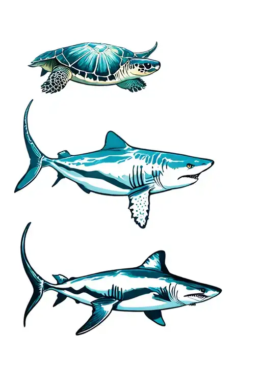 stingray, turtle, and shark swimming tattoo design idea