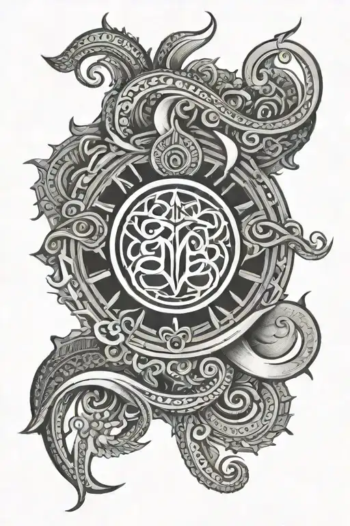 karma symbol with sanskrit shlok along with trishul and damru tattoo design idea