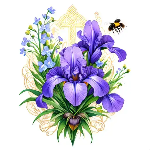 An intricate design featuring cala lilys, purple iris, forget me nots, a bumble bee, and a delicate celtic cross all intertwined in a mesmerizing pattern tattoo design idea