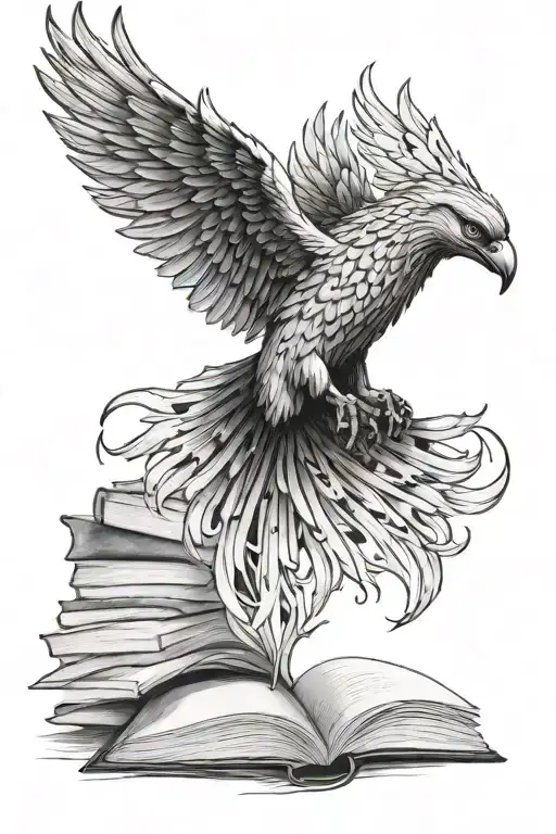 phoenix from open book stack of books tattoo design idea
