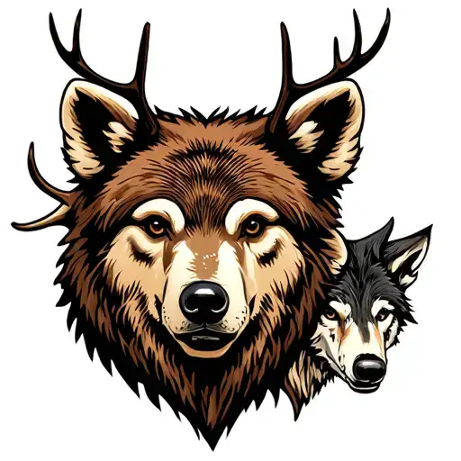 bear head, stag head, wolf head, forrest themed half sleeve tattoo design idea