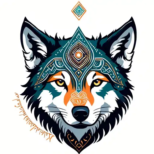 Wolf and Hindu geometric shapes tattoo design idea