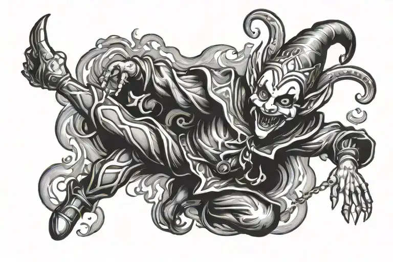 jester dancing on fire tattoo design idea