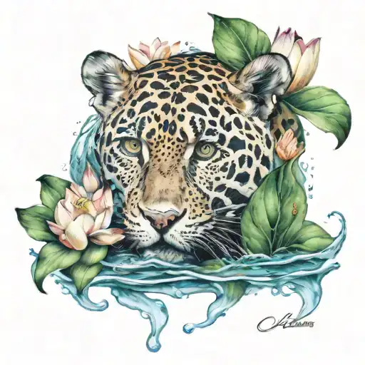 Jaguar submerged in water with lotus flowers scattered tattoo design idea