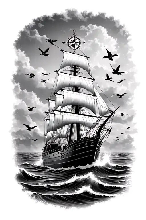 ship in rough waters with calm waters a head with geese in the sky and anchor and compass is black and white  tattoo design idea