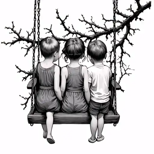 3 children 2 girls 1 boy facing away on a swing suspended by jagged bramble branches tattoo design idea