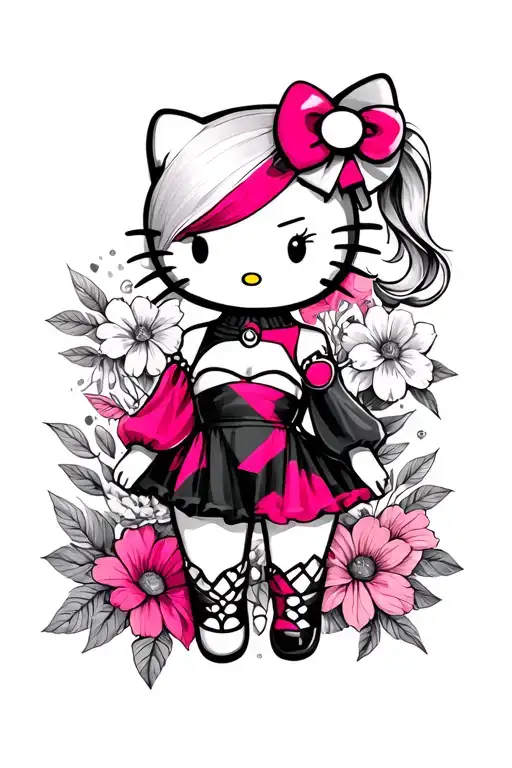 hello kitty Harley Quinn / flowers surrounding tattoo design idea