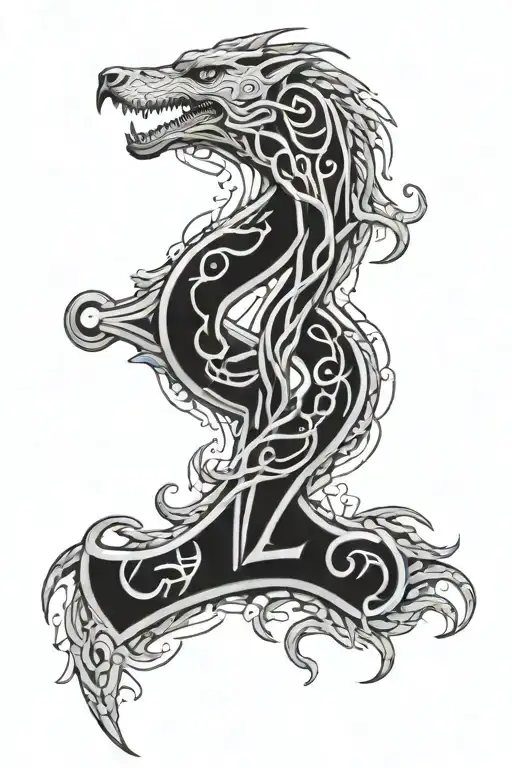 nordic skoll and hati thors hammer serpent coiling runes  tattoo design idea