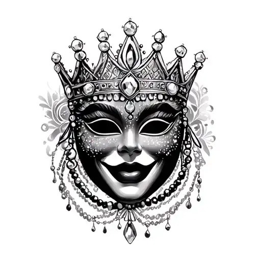happy emotion mask with jewel crown and Mardi Gras beads tattoo design idea