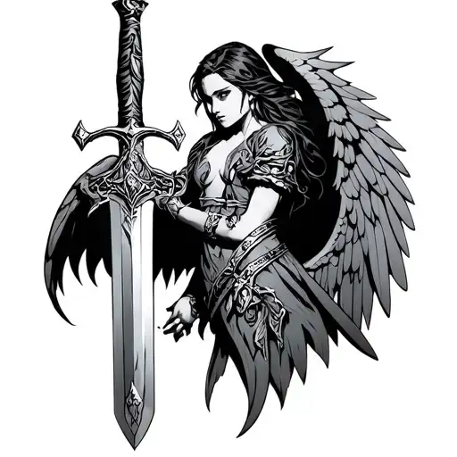 Malenia from elden ring with wings and his sword. tattoo design idea