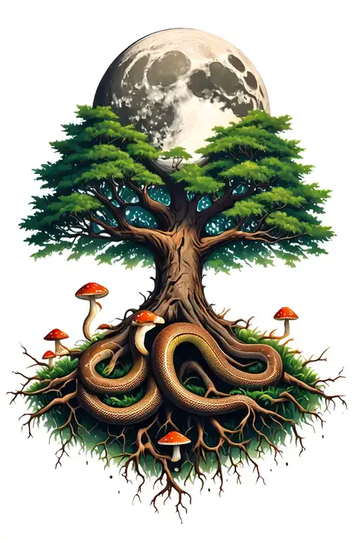 life tree, behind the crown is moon, under tree are some mushrooms, around tree trunk is snake and roots are going from  tattoo design idea