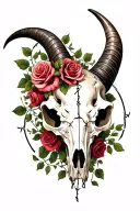 Long horn skull with roses and vines on the left horn and barb wire on the left horn tattoo design idea