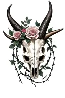 Long horn skull with roses and vines on the left horn and barb wire on the left horn tattoo design idea