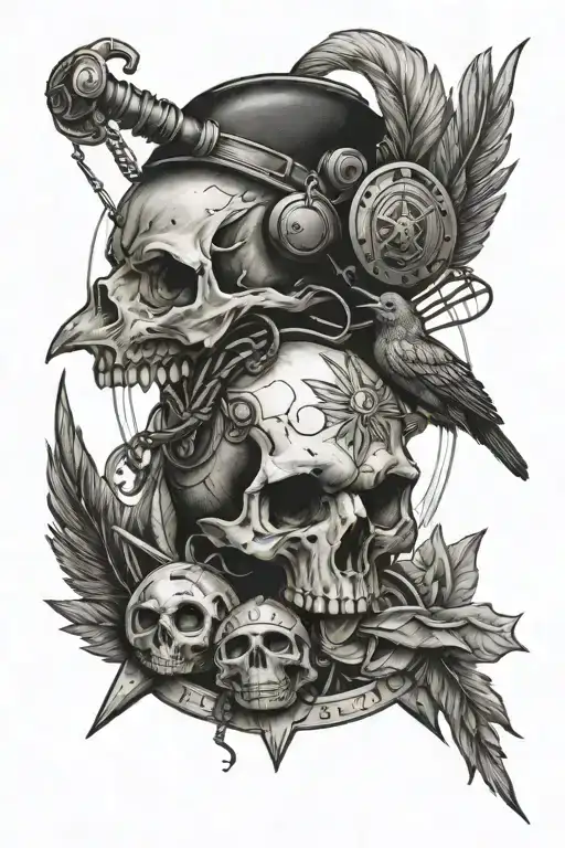 2 sparrows, squid, nautical star, pig and rooster, skull with headphones and an arrow through it, 2 crossed cannons tattoo design idea