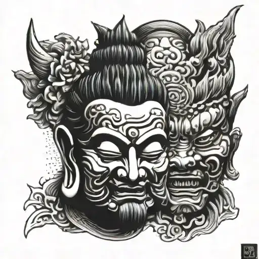 Buddha and oni mask split in half tattoo design idea