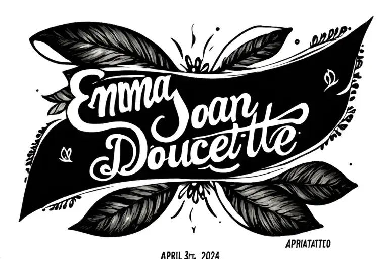 words "Emma Joan Doucette, April 3rd 2024" nice text tattoo design idea