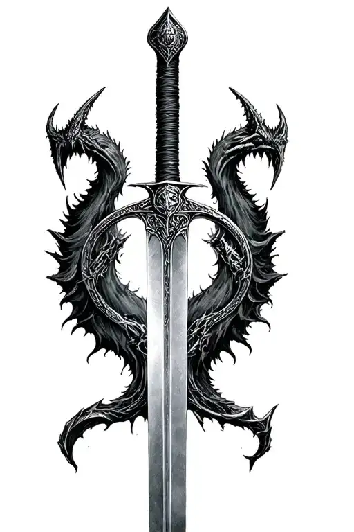 lord of the rings sauron, balrog, narsil sword and ring design. renaissance style art tattoo design idea